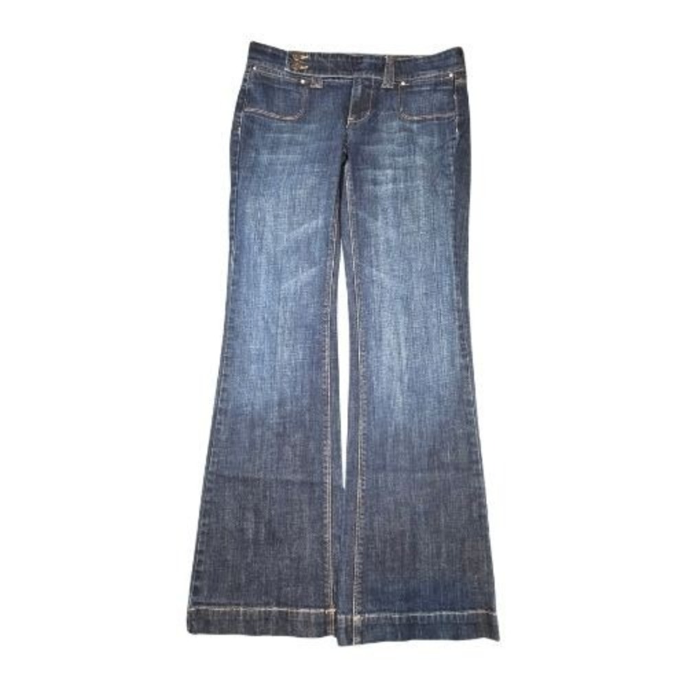 Noir Womens 4 Dark Wash Rhinestone Flare Jeans Wide Leg Low Rise Denim Blue NWOT